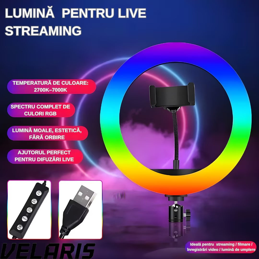 Lampa circulara RGB LED 56 cm, 20 moduri de lumina, cu suport de telefon, cablu de incarcare USB si telecomanda inclusa pe fir cu reglare a intensitatii
