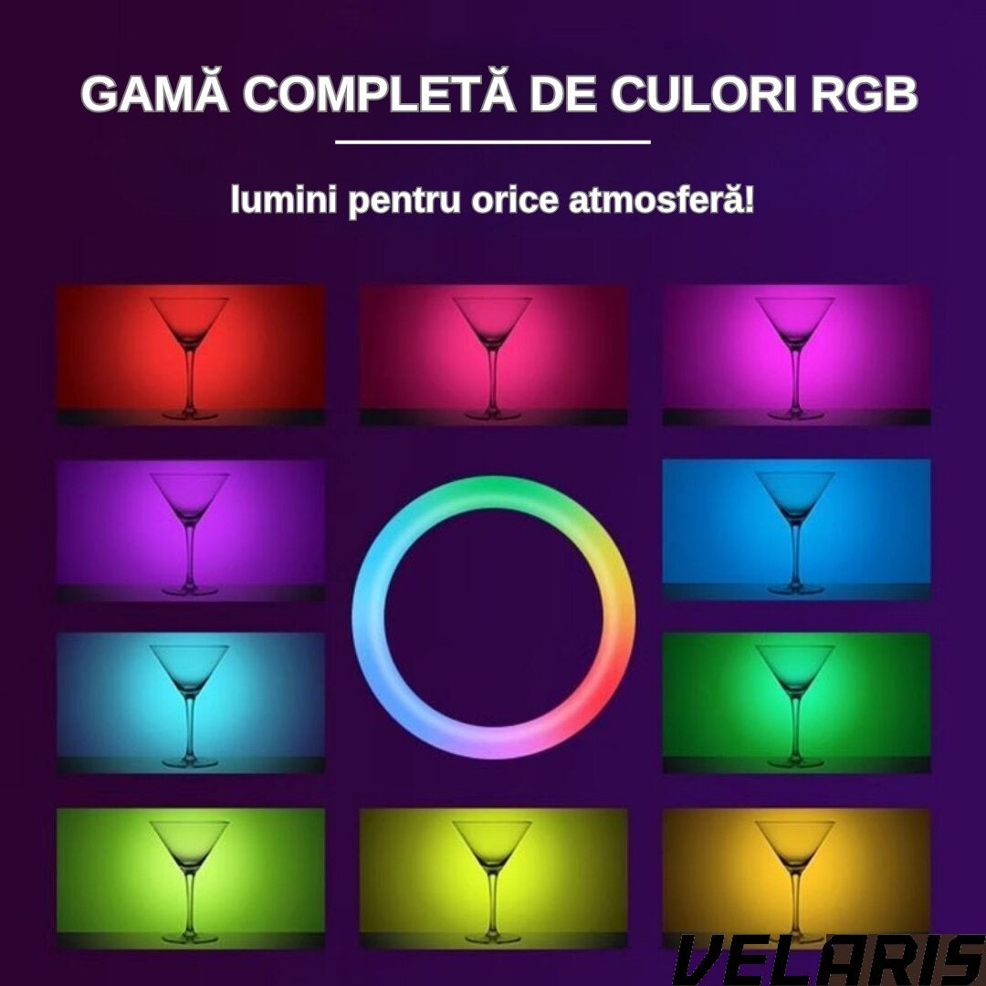 Lampa circulara RGB LED 26 cm, 20 moduri de lumina, cu suport de telefon, cablu de incarcare USB si telecomanda inclusa pe fir cu reglare a intensitatii
