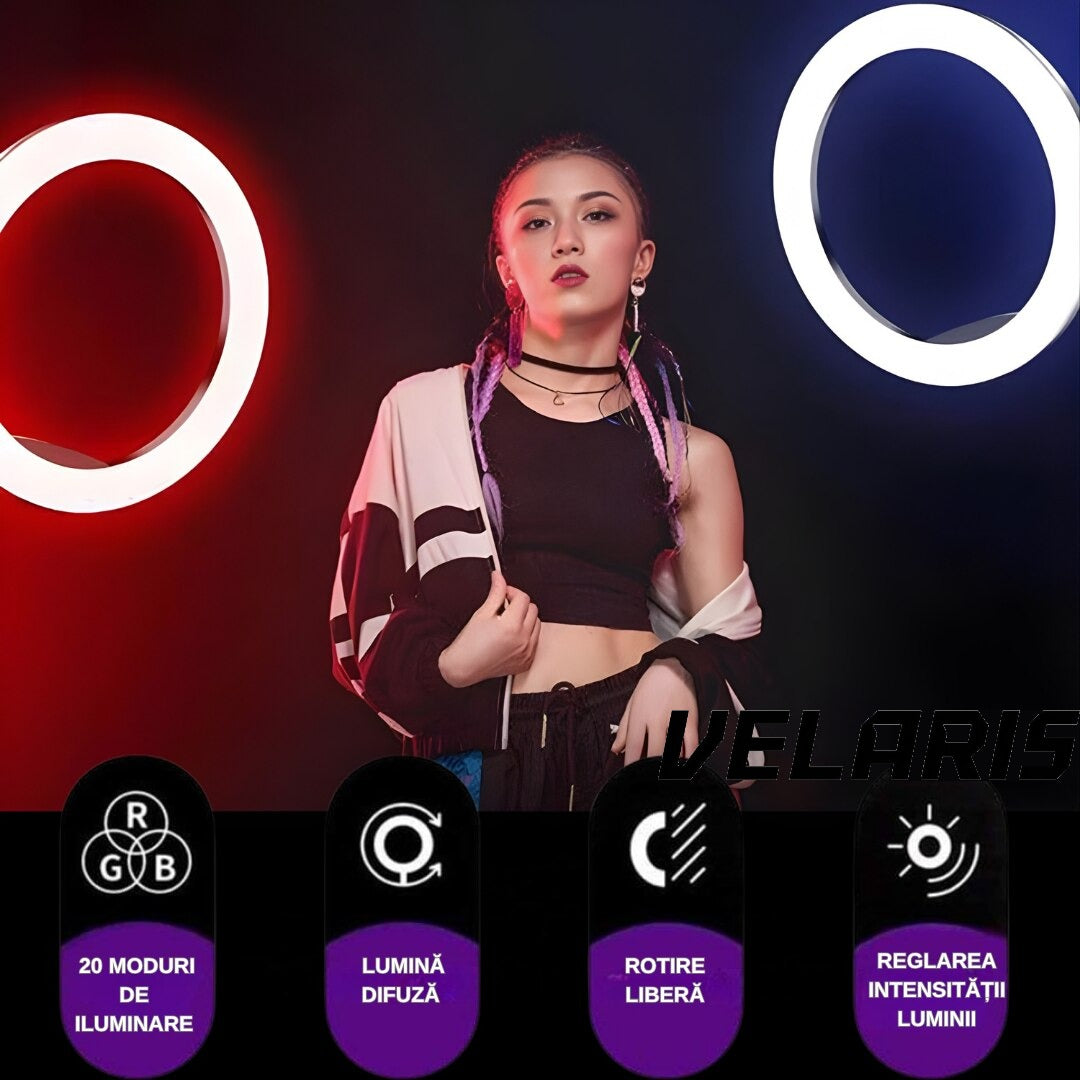 Lampa circulara RGB LED 56 cm, 20 moduri de lumina, cu suport de telefon, cablu de incarcare USB si telecomanda inclusa pe fir cu reglare a intensitatii