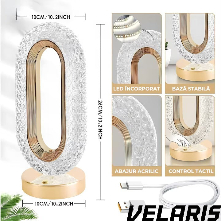 Lampa de masa tip cristal eleganta, 3 culori, control touch, reincarcabila prin USB, acrilic modern