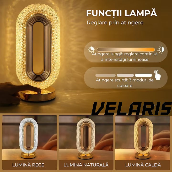 Lampa de masa tip cristal eleganta, 3 culori, control touch, reincarcabila prin USB, acrilic modern