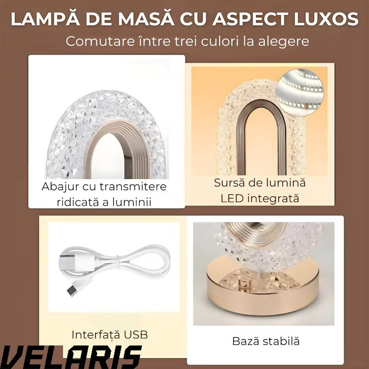 Lampa de masa tip cristal eleganta, 3 culori, control touch, reincarcabila prin USB, acrilic modern
