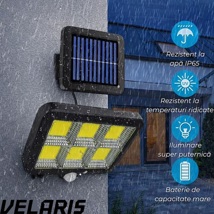 Lampa solara LED COB 120 LED senzor miscare telecomanda panou solar reglabil cablu 5 m rotatie 360 grade IP65 rezistenta apa si praf lumina rece 30W