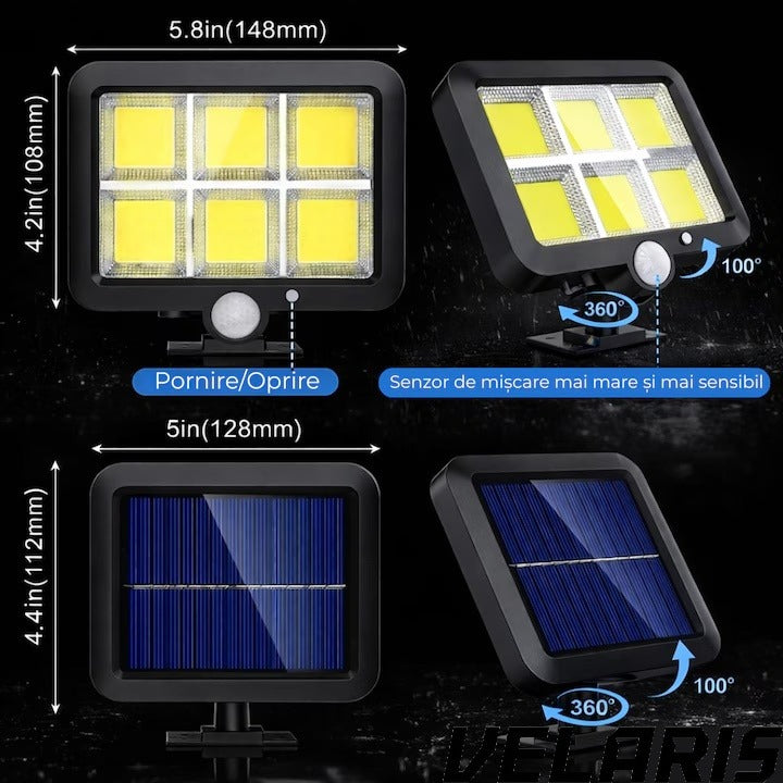 Lampa solara LED COB 120 LED senzor miscare telecomanda panou solar reglabil cablu 5 m rotatie 360 grade IP65 rezistenta apa si praf lumina rece 30W