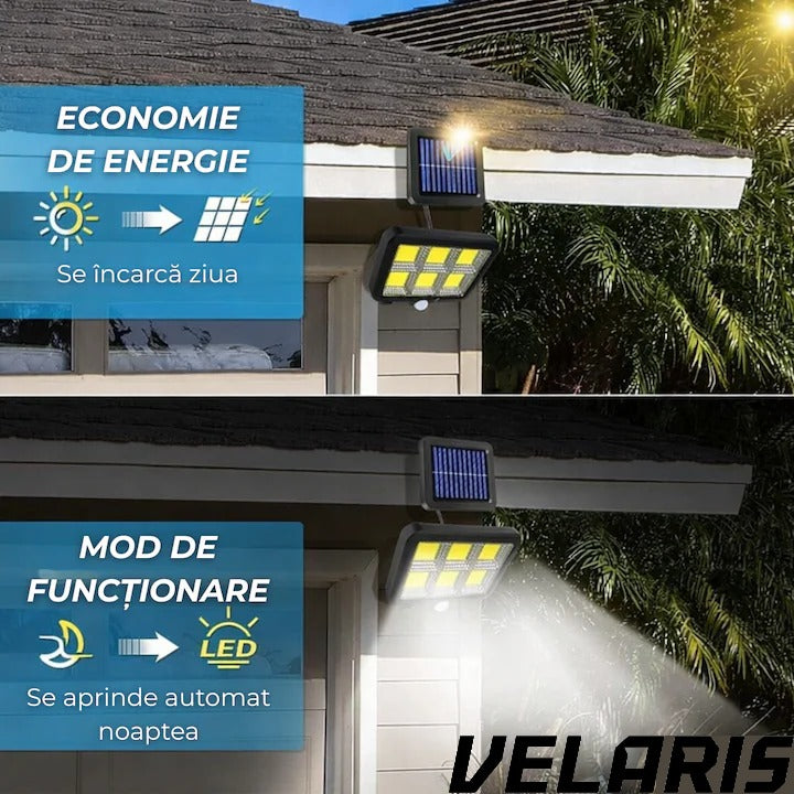 Lampa solara LED COB 120 LED senzor miscare telecomanda panou solar reglabil cablu 5 m rotatie 360 grade IP65 rezistenta apa si praf lumina rece 30W