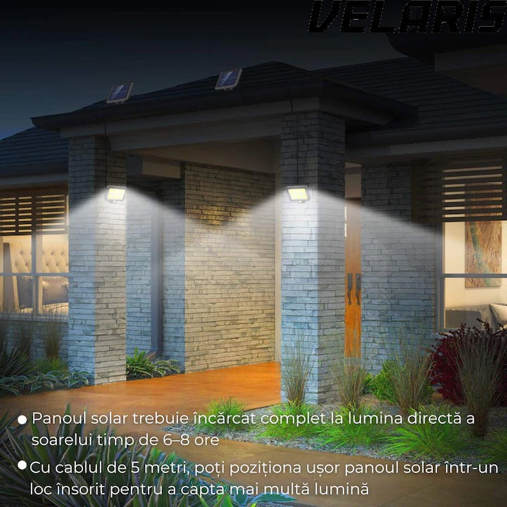 Lampa solara LED COB 120 LED senzor miscare telecomanda panou solar reglabil cablu 5 m rotatie 360 grade IP65 rezistenta apa si praf lumina rece 30W