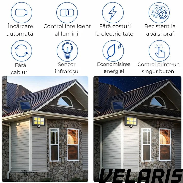 Lampa solara LED COB 120 LED senzor miscare telecomanda panou solar reglabil cablu 5 m rotatie 360 grade IP65 rezistenta apa si praf lumina rece 30W