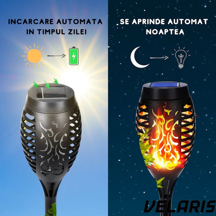 Lampa solara 72 LED-uri cu efect flacara, baterie 1200mAh, senzor crepuscular, impermeabila, ideala pentru curte si gradina