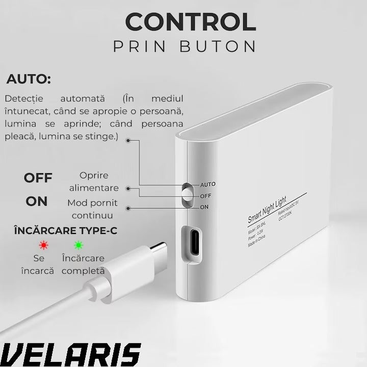 Lampa veghe dreptunghiulara pentru perete cu senzor de miscare si senzor crepuscular, LED 3000K cu iluminare laterala, reincarcare USB-C pentru baie, dormitor si scari, 1 buc