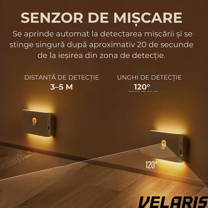 Lampa veghe dreptunghiulara pentru perete cu senzor de miscare si senzor crepuscular, LED 3000K cu iluminare laterala, reincarcare USB-C pentru baie, dormitor si scari, 1 buc