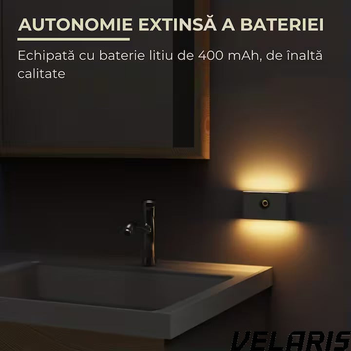 Lampa veghe dreptunghiulara pentru perete cu senzor de miscare si senzor crepuscular, LED 3000K cu iluminare laterala, reincarcare USB-C pentru baie, dormitor si scari, 1 buc