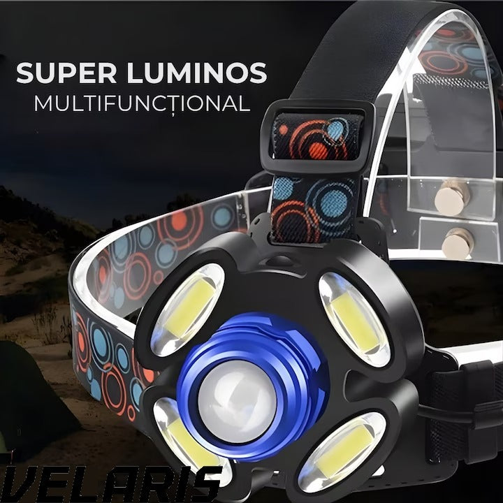 Lanterna frontala de cap cu 5 LED-uri, iluminare puternica, banda elastica reglabila pentru confort maxim, ideala pentru drumetii si activitati afara