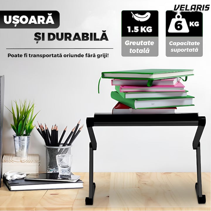 Birou laptop 2 în 1, reglabil în înălțime, ventilație, pad mouse, 42x26cm, negru