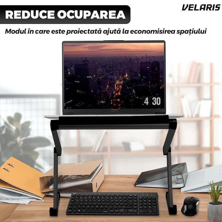 Birou laptop 2 în 1, reglabil în înălțime, ventilație, pad mouse, 42x26cm, negru