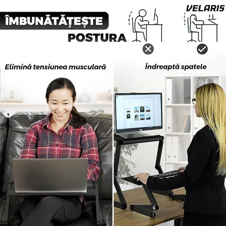 Birou laptop 2 în 1, reglabil în înălțime, ventilație, pad mouse, 42x26cm, negru