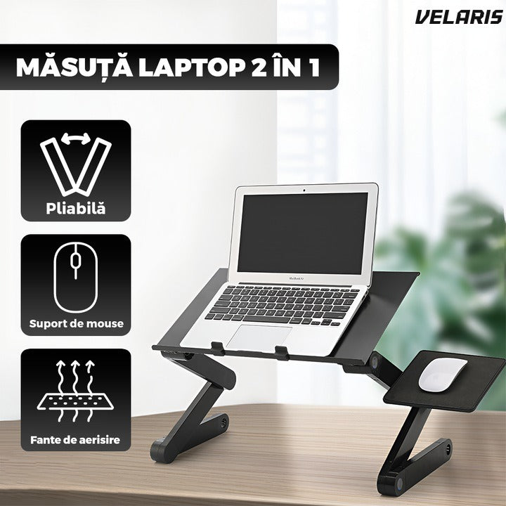 Birou laptop 2 în 1, reglabil în înălțime, ventilație, pad mouse, 42x26cm, negru