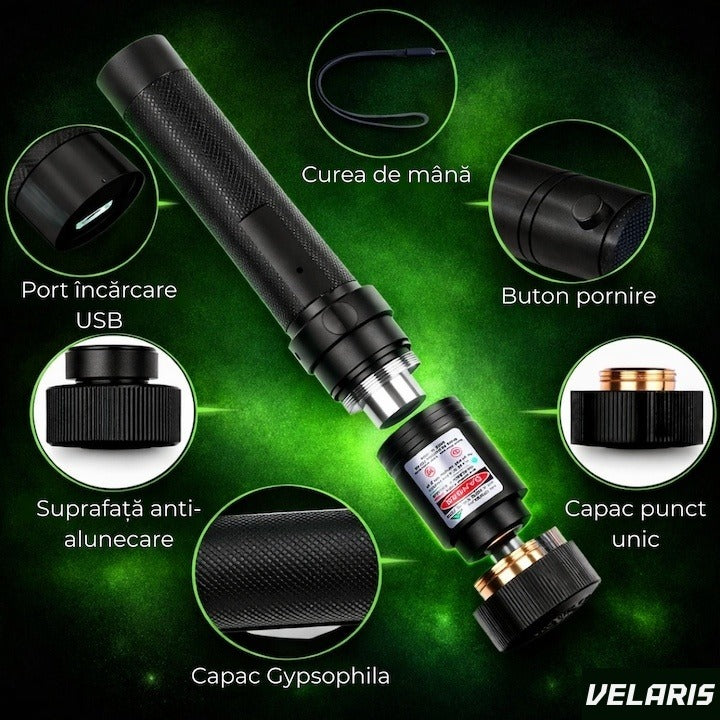 Pointer laser 405nm, 200mW, aluminiu, negru, cu blocare pentru copii, 100-500m