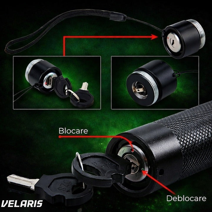 Pointer laser 405nm, 200mW, aluminiu, negru, cu blocare pentru copii, 100-500m