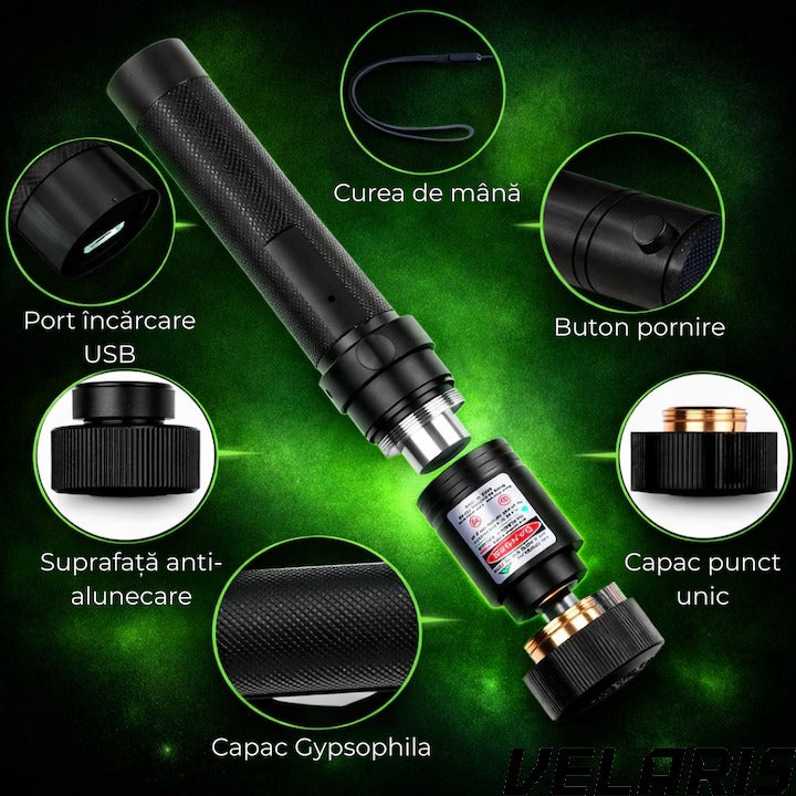 Laser Pointer 405nm, 200mW, aluminiu, negru, cu blocare pentru copii, 100-500m