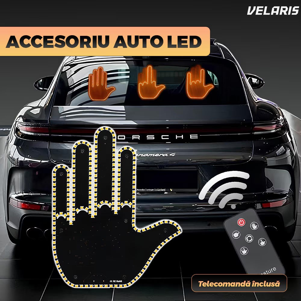 Semn LED auto cu telecomandă, design mână, 4 moduri, negru/portocaliu