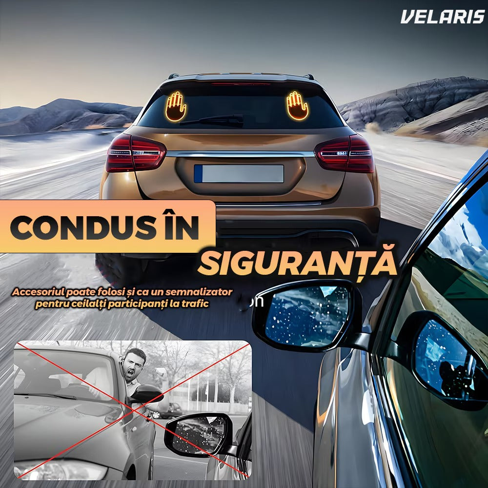 Semn LED auto cu telecomandă, design mână, 4 moduri, negru/portocaliu