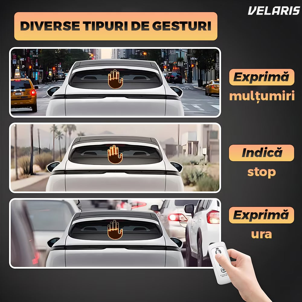 Semn LED auto cu telecomandă, design mână, 4 moduri, negru/portocaliu