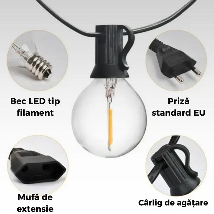 Ghirlandă LED 8 m cu 25 becuri G40, interconectabilă, rezistentă outdoor IP65