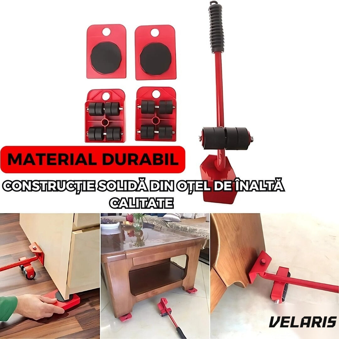 Set leviere cu role și 4 suporturi pivotante cu roți pentru mobilă și electrocasnice, capacitate totală 600 kg