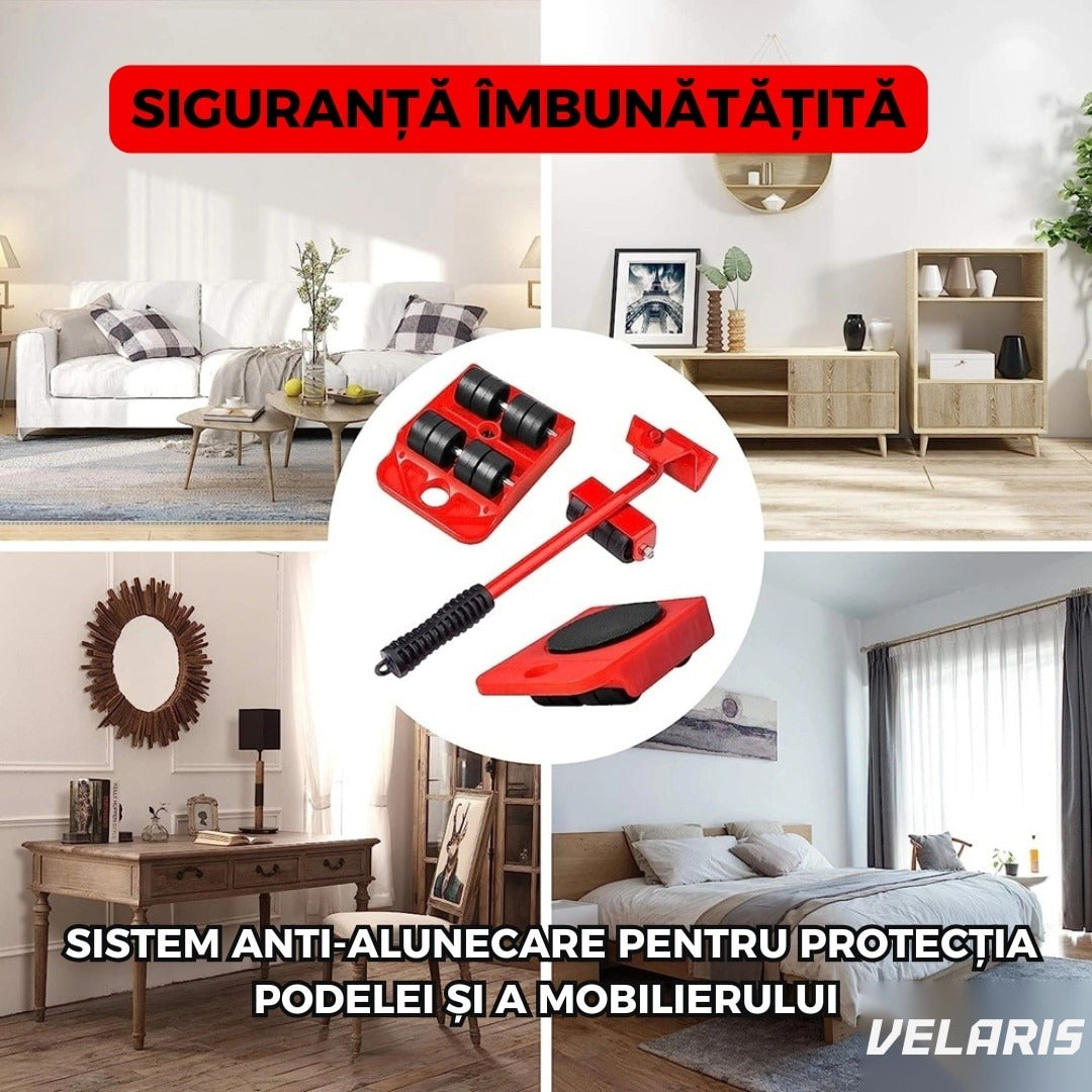 Set leviere cu role și 4 suporturi pivotante cu roți pentru mobilă și electrocasnice, capacitate totală 600 kg