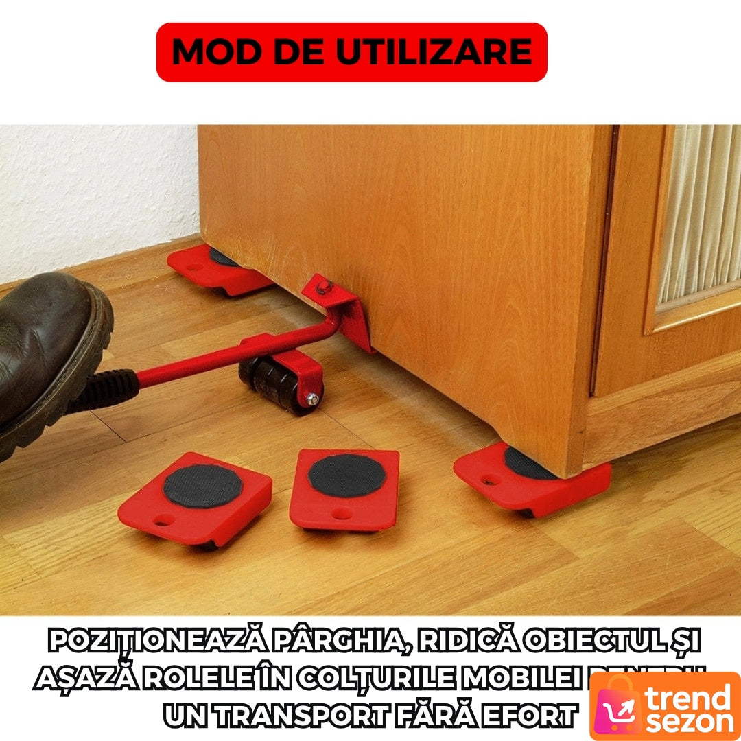 Set leviere cu role și 4 suporturi pivotante cu roți pentru mobilă și electrocasnice, capacitate totală 600 kg