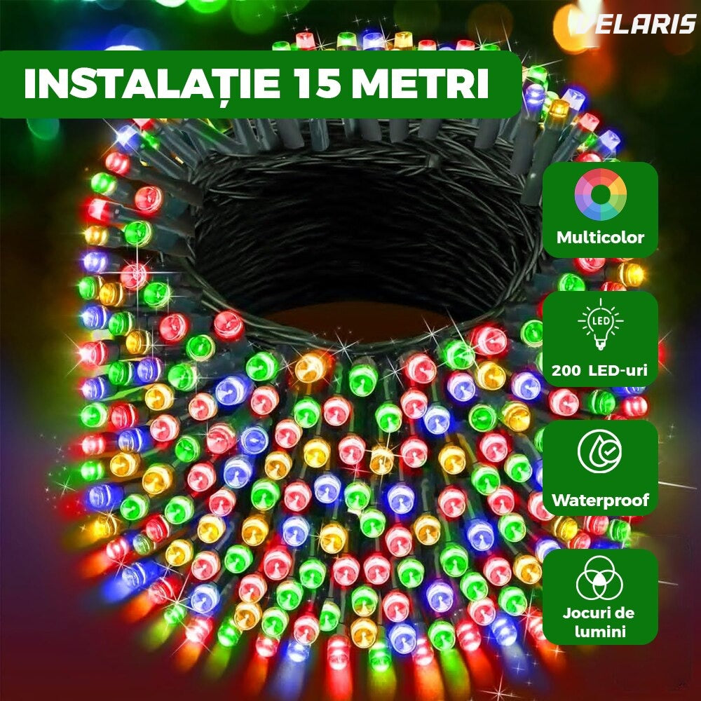 Ghirlandă luminoasă Crăciun 15 m, 200 LED, 8 efecte, rezistentă apă