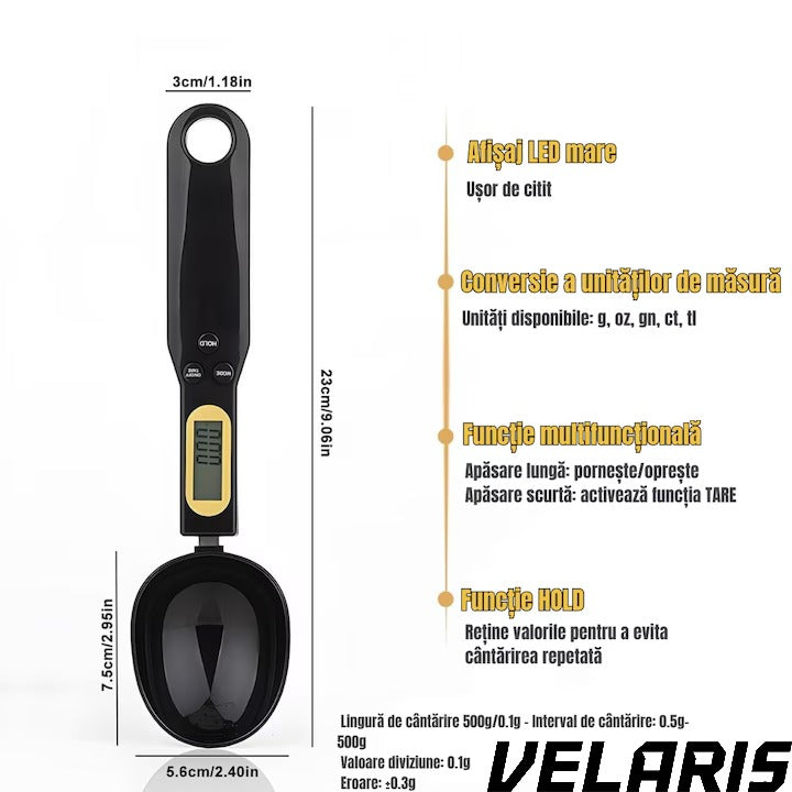 Lingurita de masurat digitala, capacitate 500 g, precizie 0.1 g, cu afisaj LCD, pentru ingrediente solide si lichide, Negru