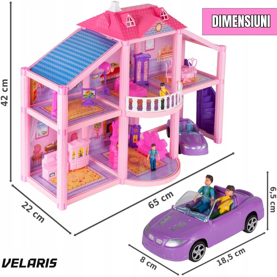 Casă de păpuși Lovely House, 2 etaje, 5 camere, garaj cu mașină, 2 figurine, set 112 piese
