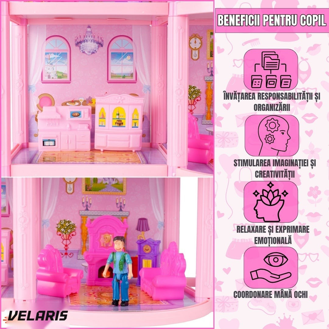 Casă de păpuși Lovely House, 2 etaje, 5 camere, garaj cu mașină, 2 figurine, set 112 piese