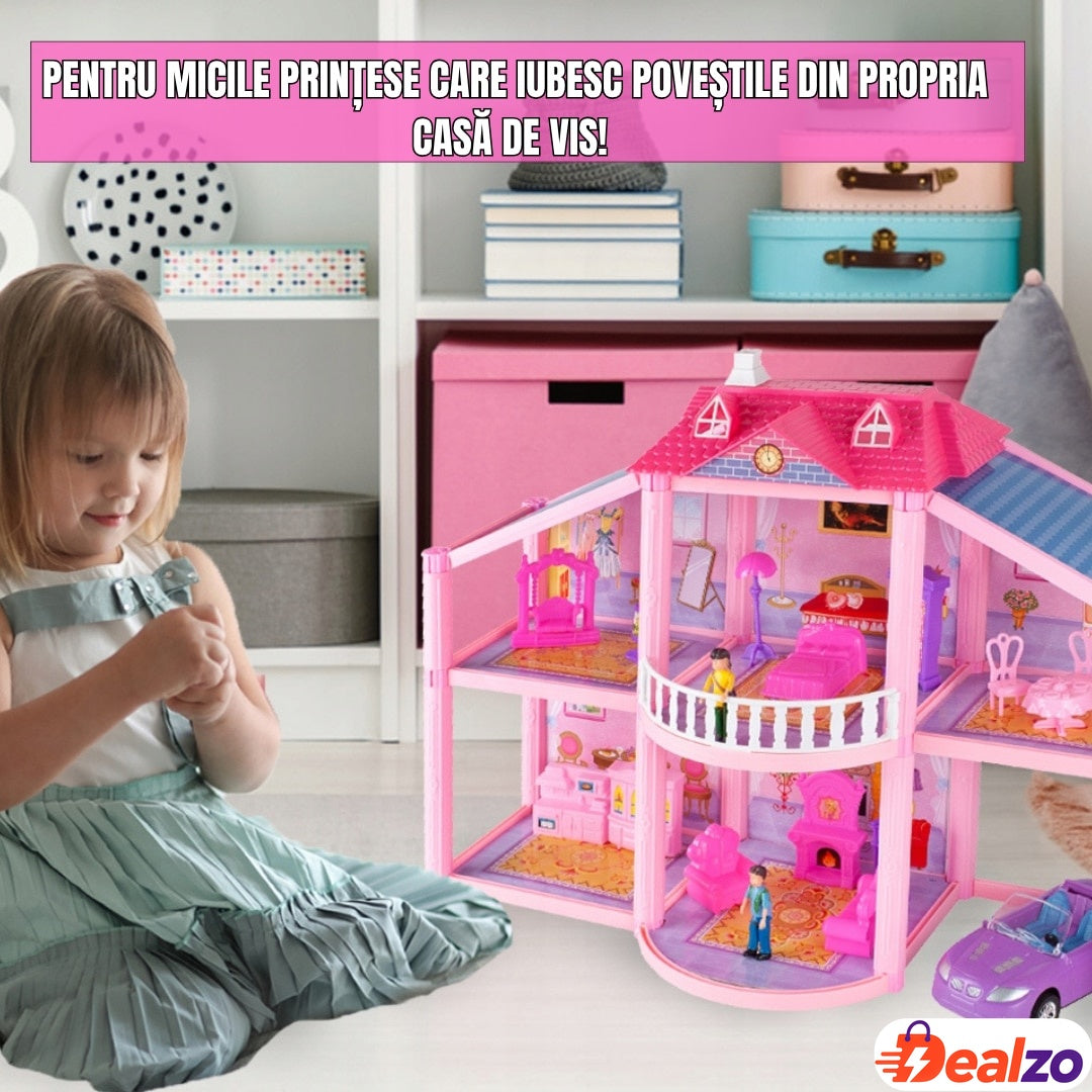 Casă de păpuși Lovely House, 2 etaje, 5 camere, garaj cu mașină, 2 figurine, set 112 piese