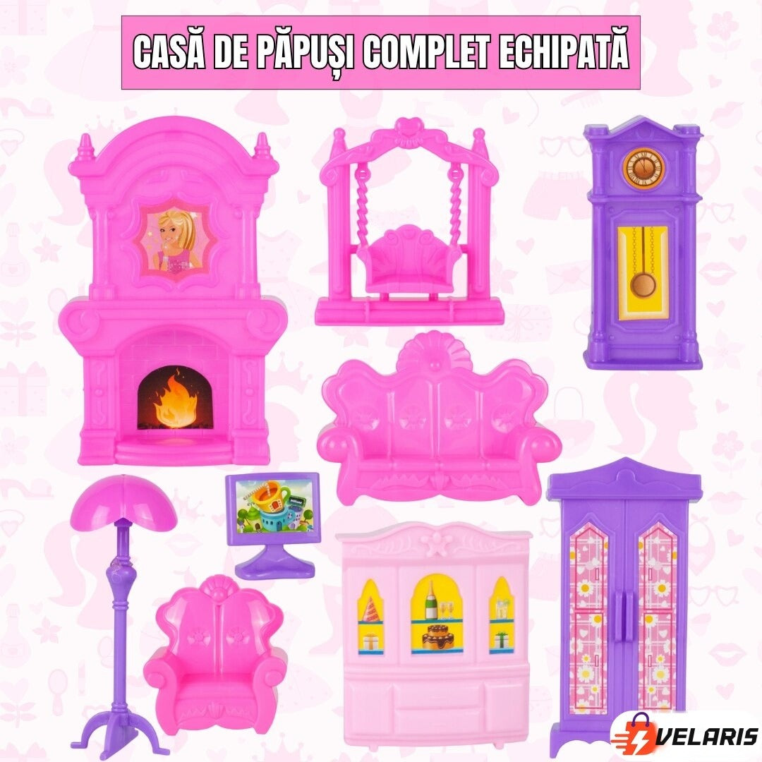 Casă de păpuși Lovely House, 2 etaje, 5 camere, garaj cu mașină, 2 figurine, set 112 piese