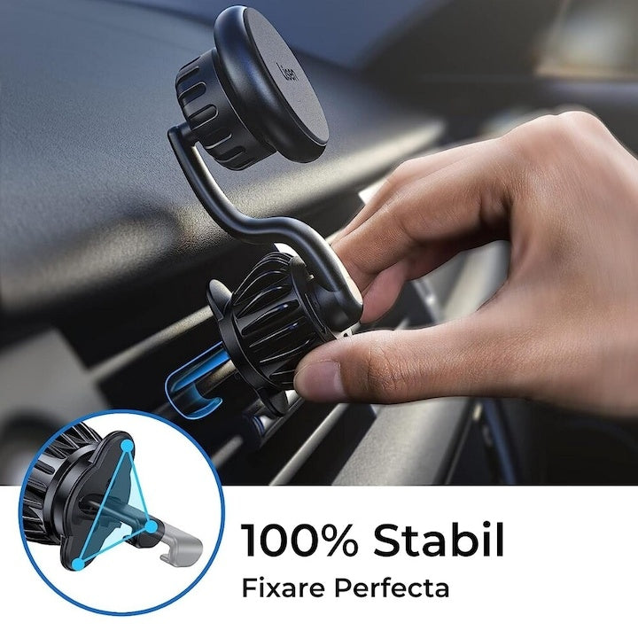 Suport magnetic telefon auto, rotație 360°, ventilație, negru