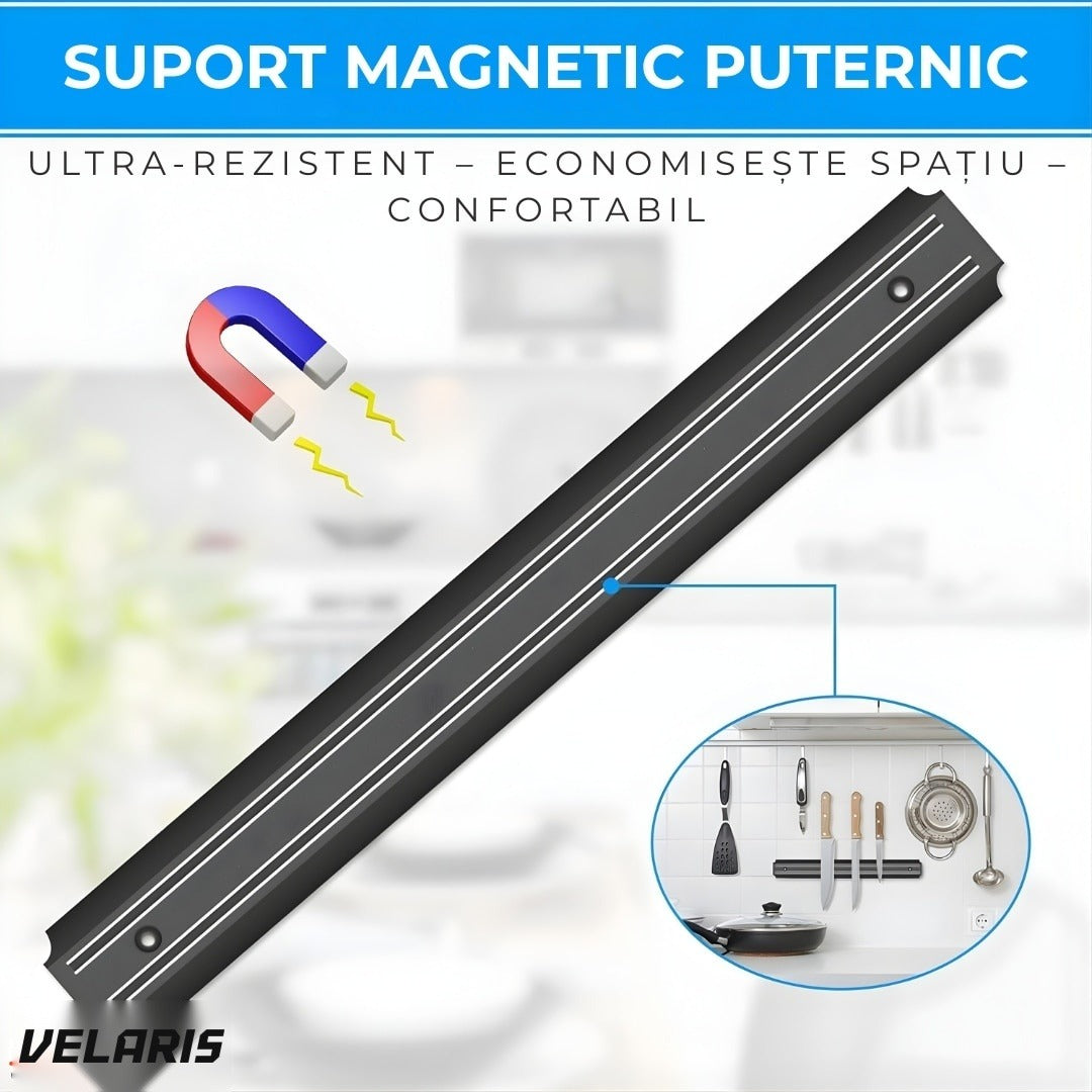 Suport magnetic bucătărie 38 cm, argintiu, magnet dual puternic, montaj perete