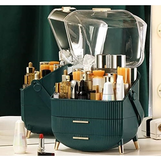 Organizator cosmetice cu 2 sertare, capac transparent, mâner, 37x28x18.5 cm