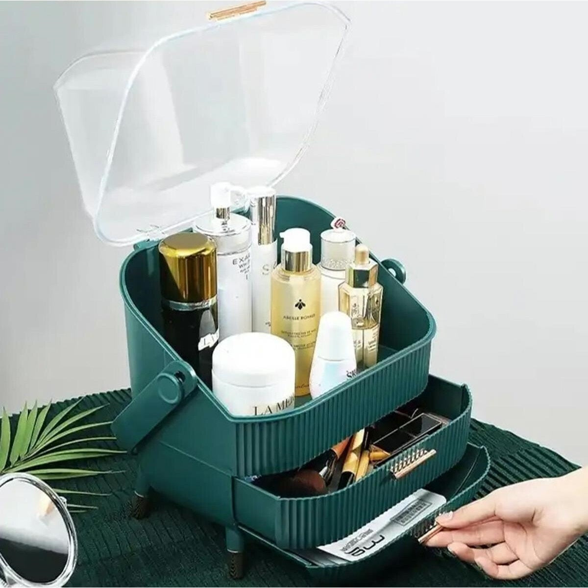 Organizator cosmetice cu 2 sertare, capac transparent, mâner, 37x28x18.5 cm