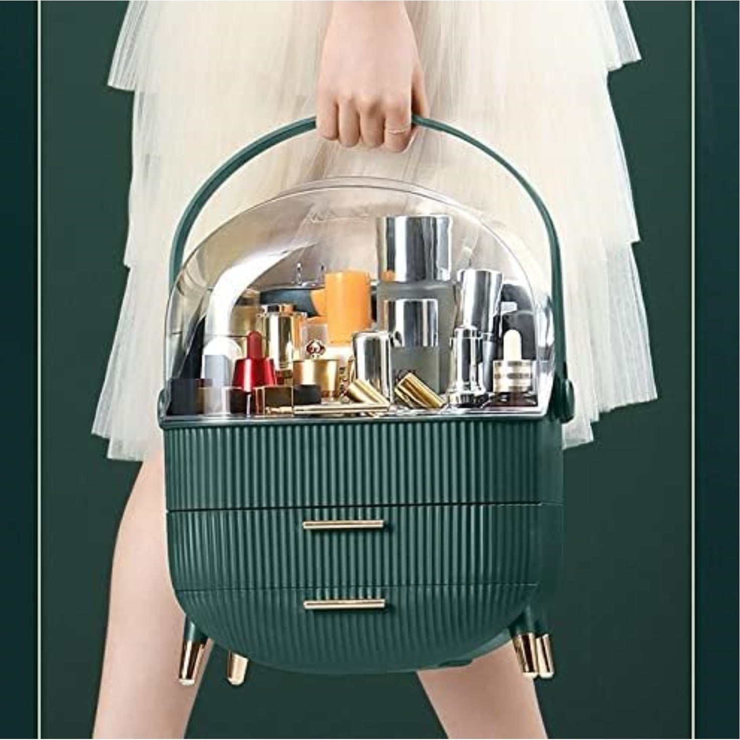 Organizator cosmetice cu 2 sertare, capac transparent, mâner, 37x28x18.5 cm