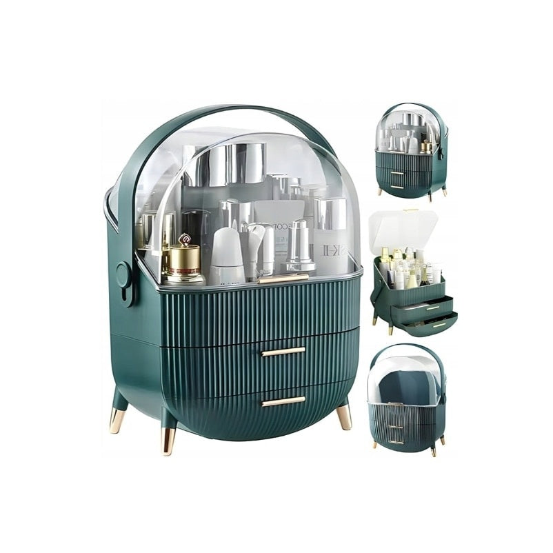Organizator cosmetice cu 2 sertare, capac transparent, mâner, 37x28x18.5 cm