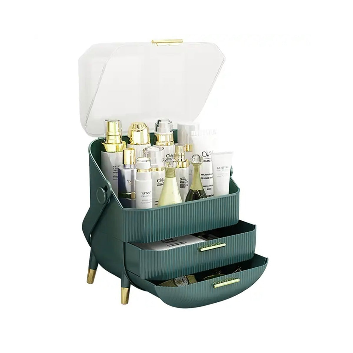 Organizator cosmetice cu 2 sertare, capac transparent, mâner, 37x28x18.5 cm