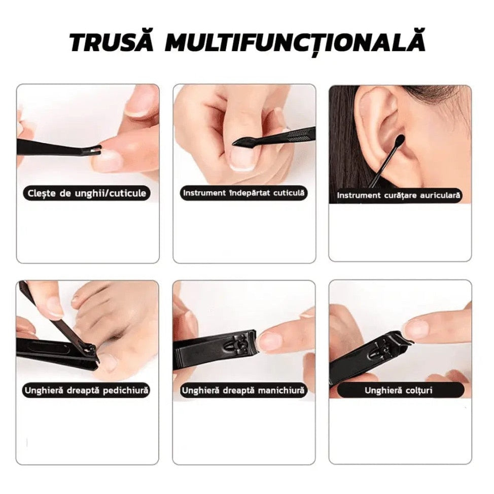 Trusa manichiura pedichiura 15 piese otel inoxidabil cu etui piele ecologica