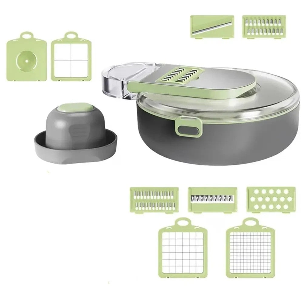 Aparat tocat manual 14 in 1 cu 8 lame inox, recipientă rotundă plastic