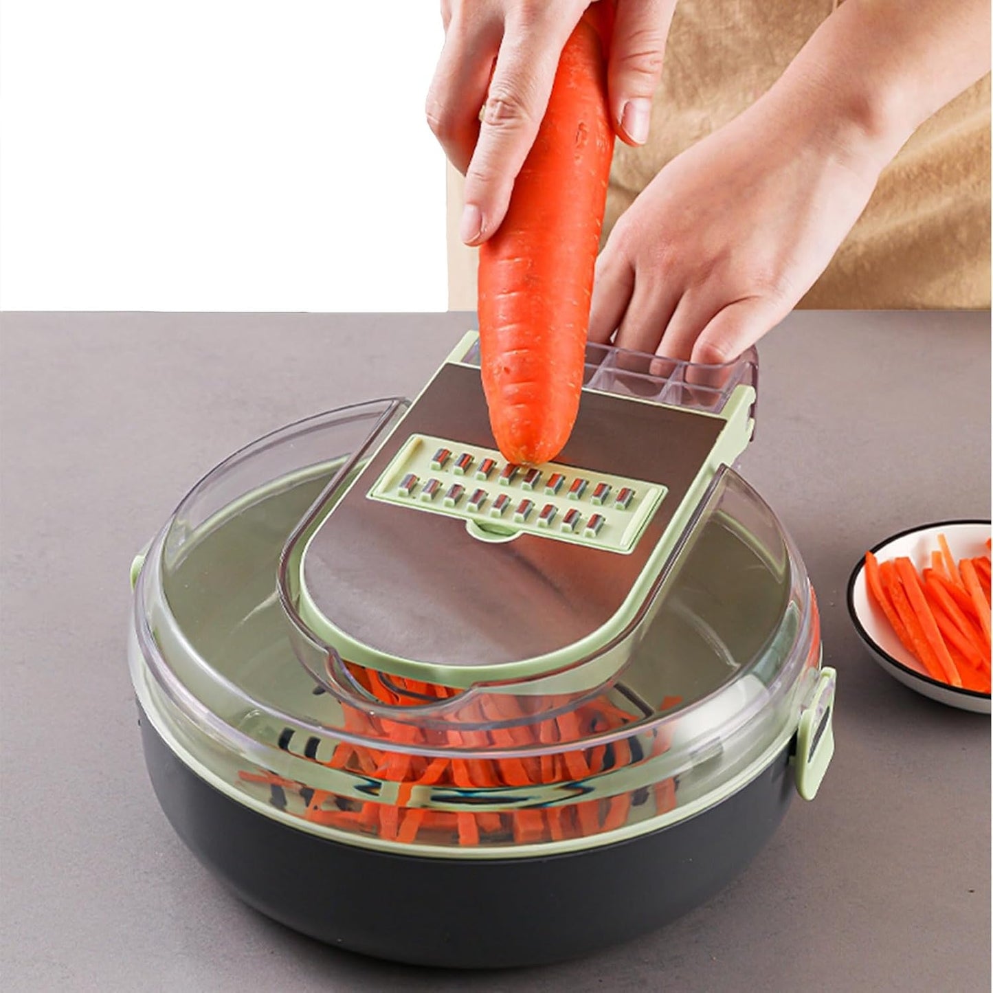 Aparat tocat manual 14 in 1 cu 8 lame inox, recipientă rotundă plastic