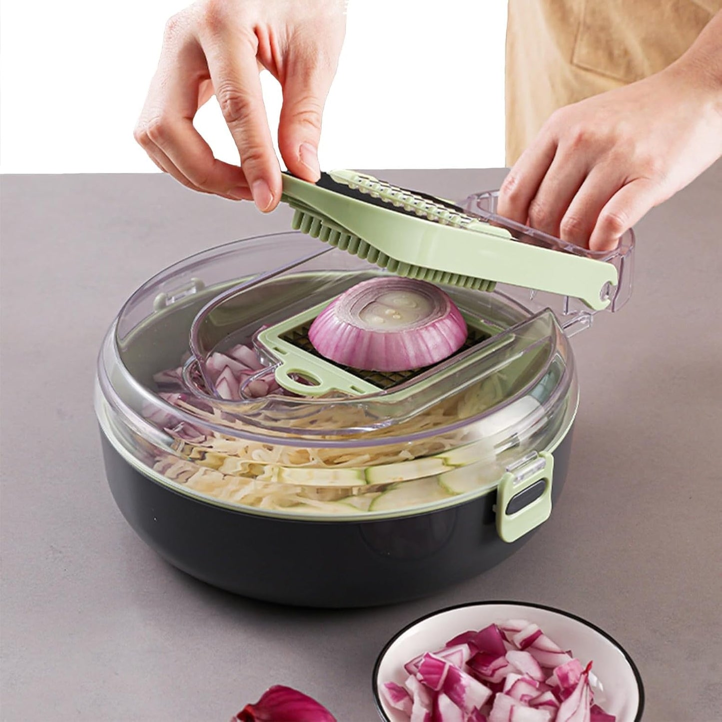 Aparat tocat manual 14 in 1 cu 8 lame inox, recipientă rotundă plastic