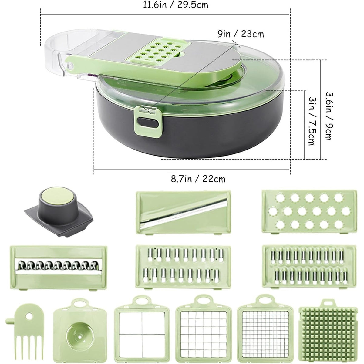 Aparat tocat manual 14 in 1 cu 8 lame inox, recipientă rotundă plastic