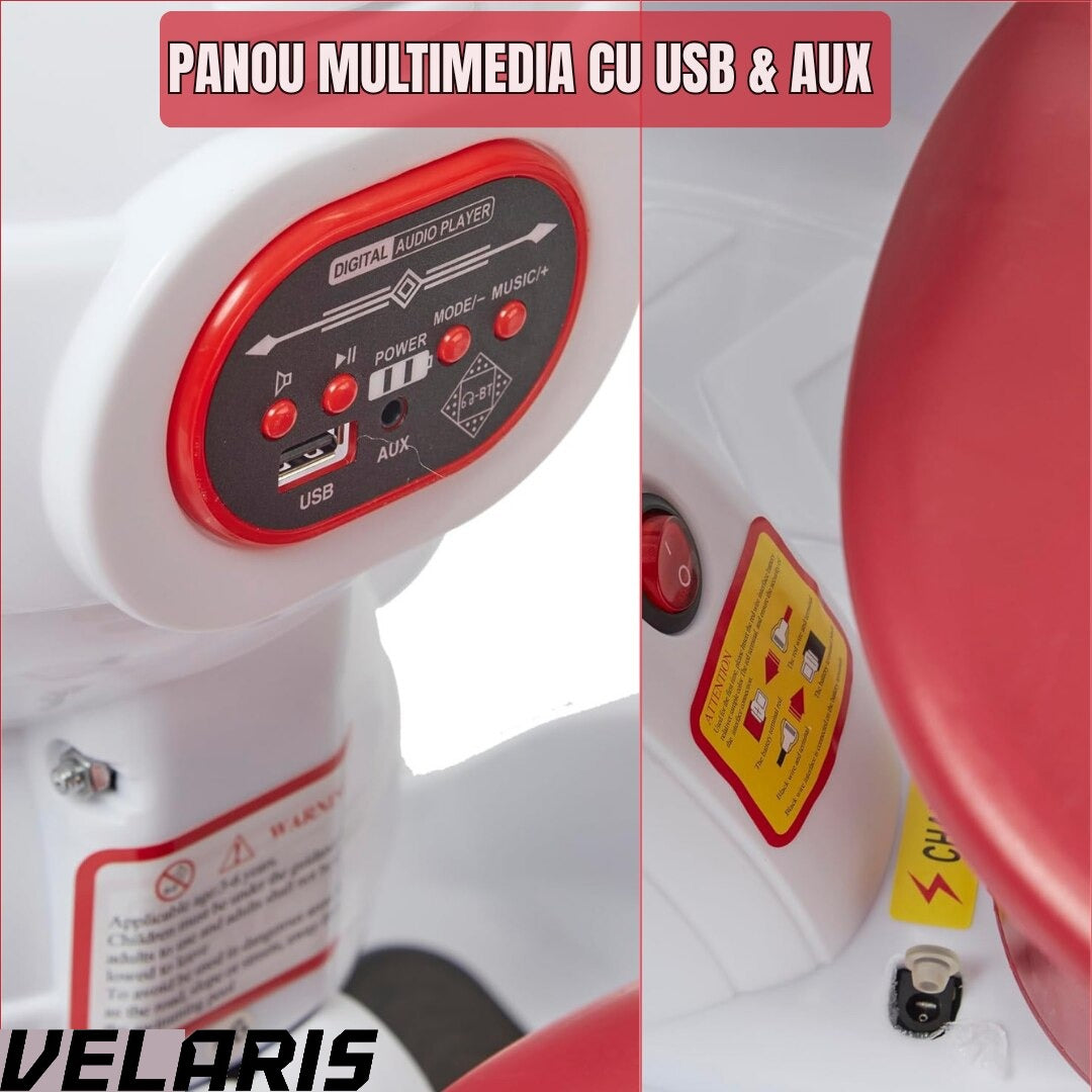 Masinuta electrica copii 3-6 ani, telecomanda & control manual, 6V 7A, roti 360°, lumini LED, sunete realiste, centura siguranta, alb/visiniu