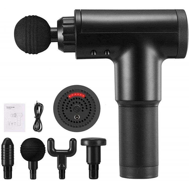 Pistol de masaj cu 4 capete interschimbabile, 6 viteze, autonomie 4h, 24W, 3400 RPM, negru